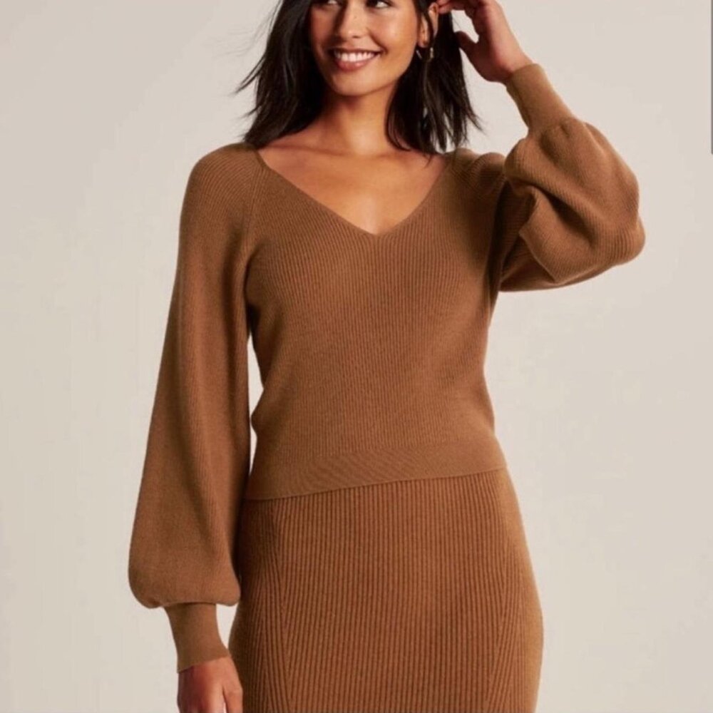 Abercrombie Set - High Slit Sweater Midi Skirt & Puff Sleeve Sweater, Brown/Rust
